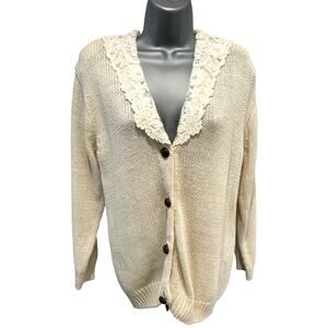 Chaus Vintage Ivory Cream Cardigan Sweater with Embroidered Floral Collar-Small